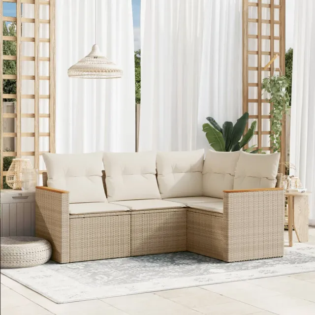 vidaXL 4-delige Loungeset met kussens poly rattan beige, foto 2