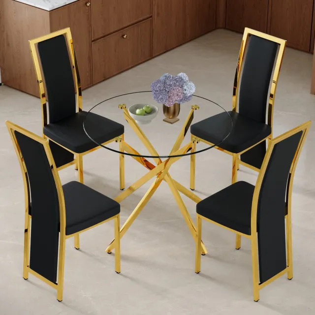 OKWISH Eettafelset 88 Cm - Ronde Glastafel Met 4 Eetkamerstoelen - Voor Kleine Eetruimte - Glas Metaal Kunstleer - Zwart Goud Zwart, Goud, Transparant
