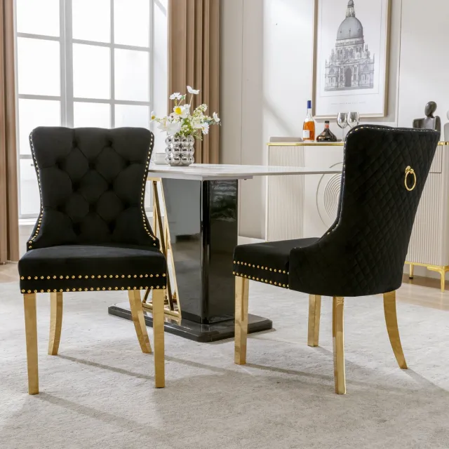 MEUNIQ Eetkamerstoel set van 2 - zwarte velvet eetkamerstoelen met armleuningen, gecapitonneerde rugleuning, gouden RVS poten, 150 kg, voor eetkamer en keuken