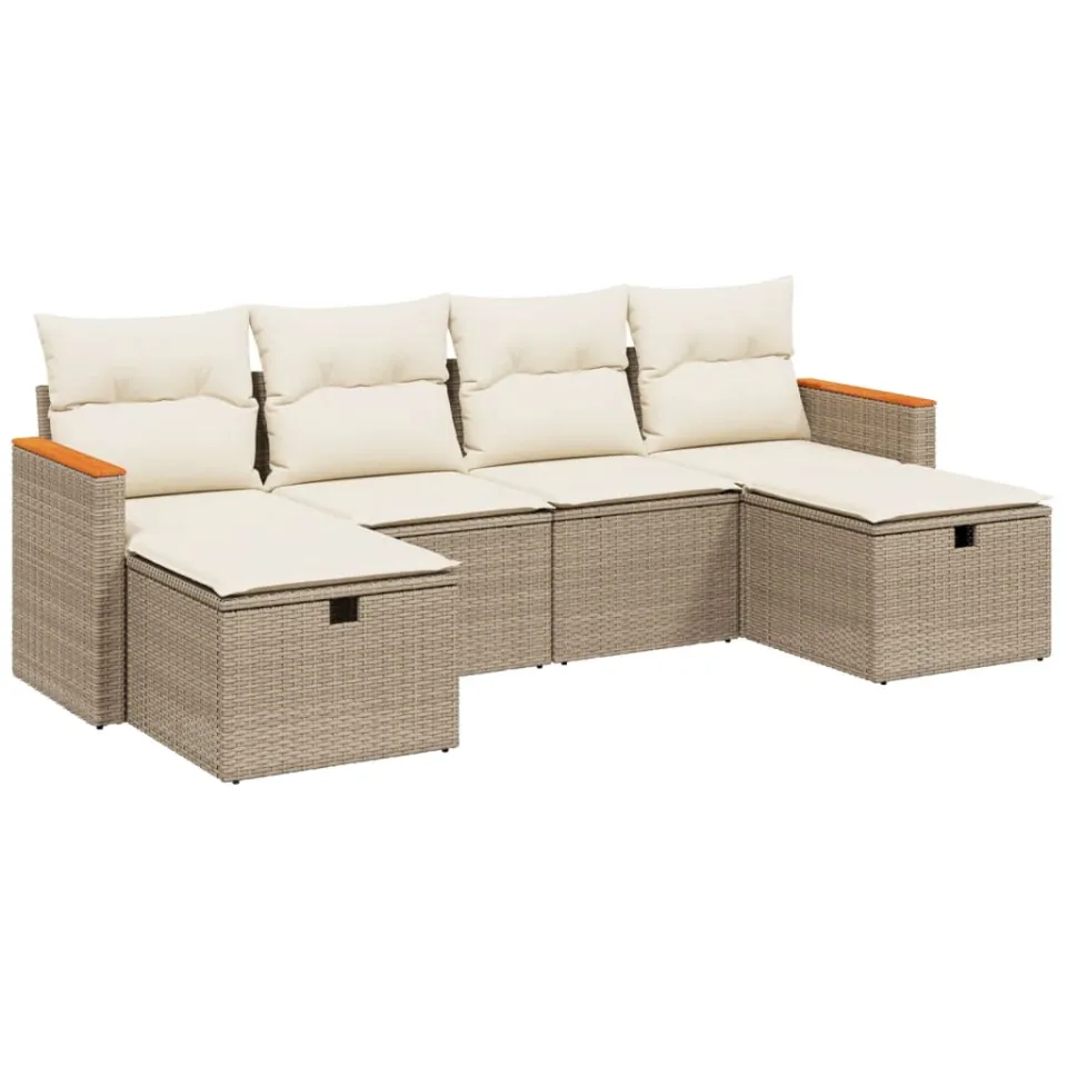 vidaXL 6-delige Loungeset met kussens poly rattan beige, foto 3