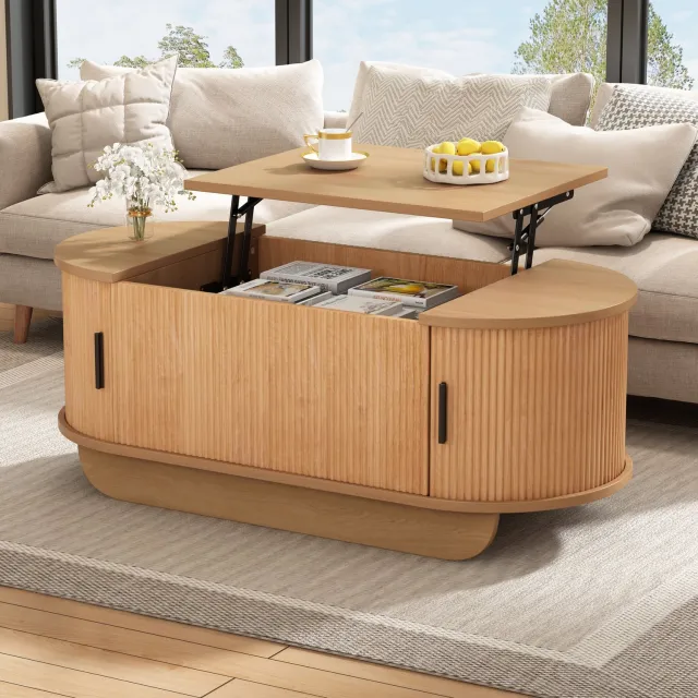 OKWISH Salontafel - In Hoogte Verstelbaar tot 55,5 cm - Met Opbergruimte en Roldeuren - Voor de Woonkamer - Houtkleurig MDF - 100 x 50 x 42 cm