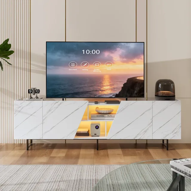 Yelenaro TV Meubel, Marmerpatroon, 4 Deuren, Open Vak, 220x34.5x67.7 cm, Moderne LED Tv-kast, Voor Televisie Tot 85 Inch
