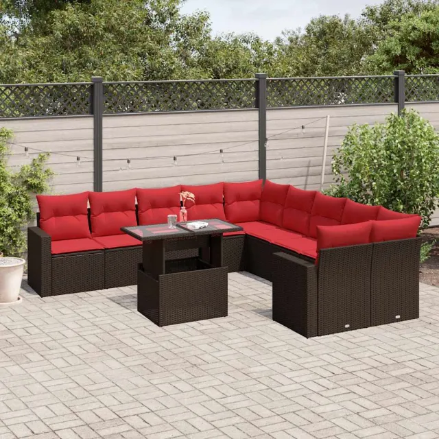 vidaXL 11-delige tuinbankset met kussens, bruin polyrotan, foto 2
