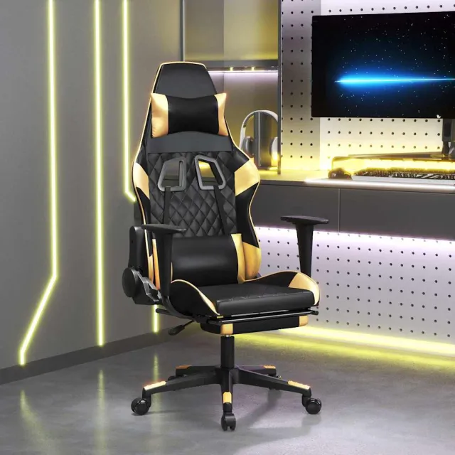 vidaXL Massage gamestoel met voetensteun kunstleer zwart & goudkleurig