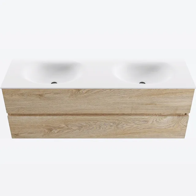 Mondiaz VICA 140cm badmeubel onderkast Washed Oak 2 lades. Wastafel MOON dubbel zonder kraangat, kleur Talc.