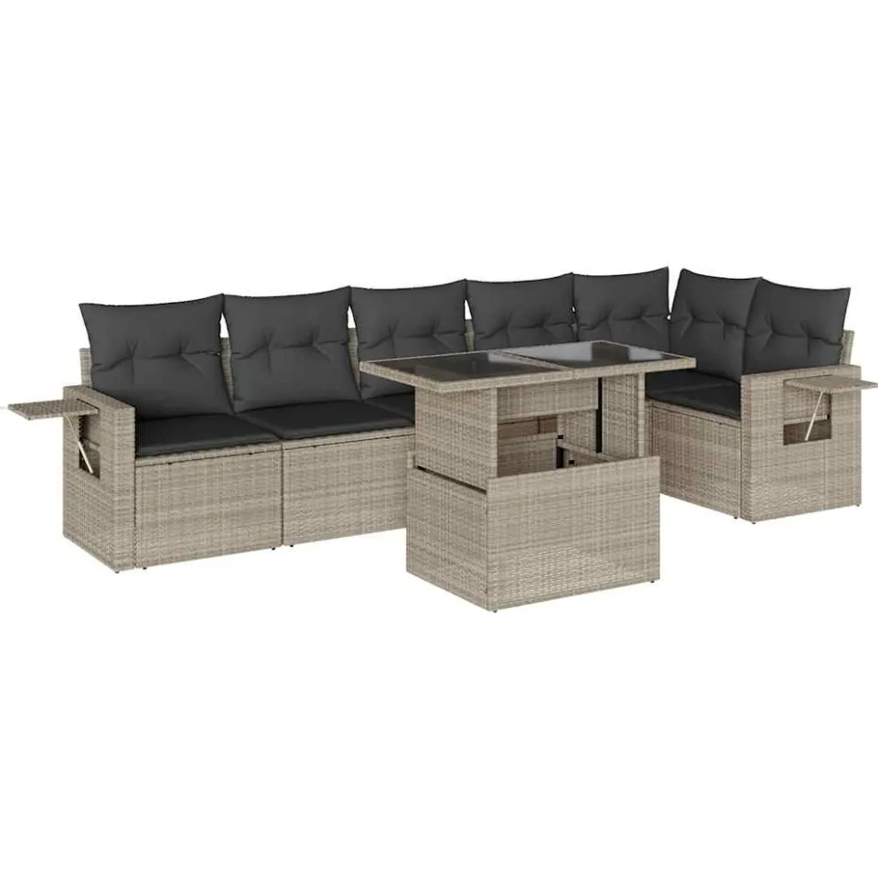 vidaXL 7-delige Loungeset met kussens poly rattan lichtgrijs grijs