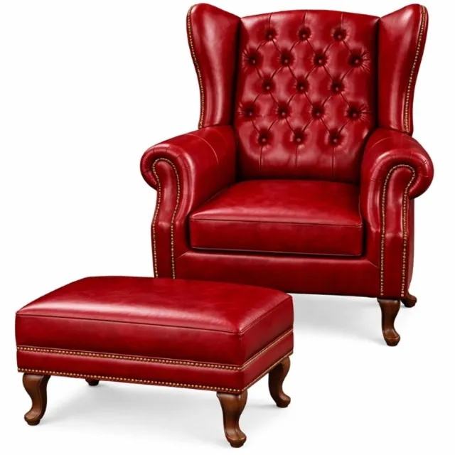 Nova Living Chesterfield Fauteuil + Hocker - Rood - Leer - Stoel Chesterfield - Arm Chair - Lounge Chair - Clubfauteuil - Relaxfauteuil - Loungestoel - Zetel