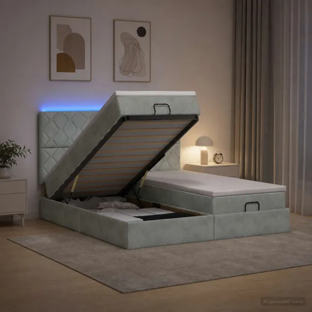 vidaXL Ottoman Bed met Matrassen en LED Lichtgrijs 200 x 200 cm