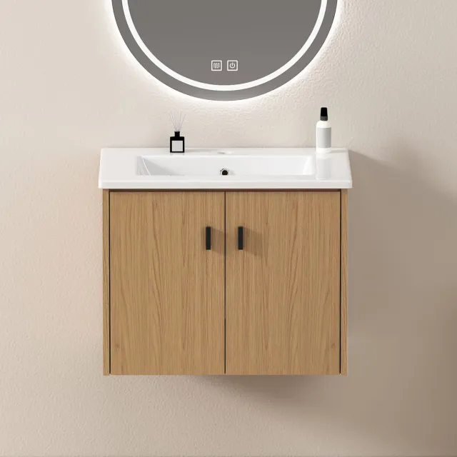 MEUNIQ badkamermeubel 60 cm licht eiken met keramische wastafel, wandmontage, 2 deuren met soft-close, gesloten opbergruimte voor badkamer en gastentoilet