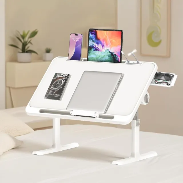 Soontrans Opvouwbare Laptoptabel In Hoogte Verstelbare Laptoptabel Met Lade + LED + Ventilator Draagbaar Bureau Voor op Bed Met Ergonomische Kantelhoek，Hoek Kan Vrij Worden Aangepast Voor Bank, Vloer, Bed, Buiten - Warm Wit
