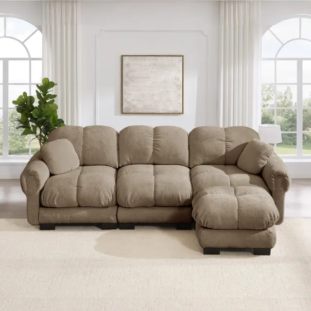 Zubaliya 3-Persoons L-vormige Cloud Sofa met Mobiele Poef en Dekkussens - Chenille Stof - 260x149x90 cm, Bruin