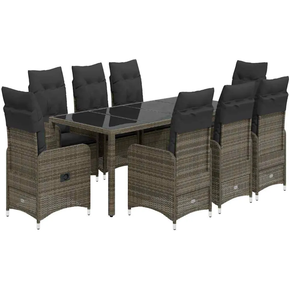vidaXL 9-delige Bistroset met kussens poly rattan grijs, foto 3