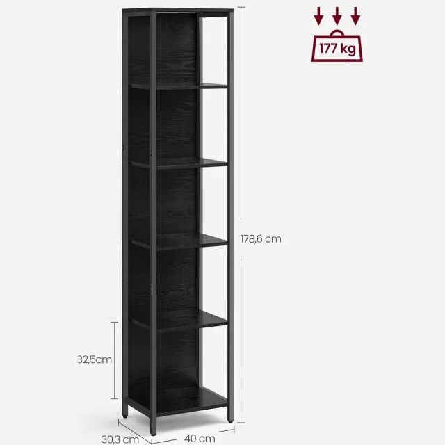 Golaro Boekenkast - Met Verstelbare Ledverlichtingsplank - Stalen Boekenkast - 6-verdieping - 30.3x40x178.6 cm - Zwart