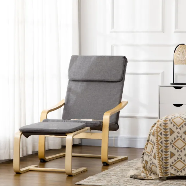 MEUNIQ fauteuil met hocker 66,5 x 80 x 99 cm grijs, relaxfauteuil met armleuningen, linnenlook stof en houten frame voor woonkamer of slaapkamer