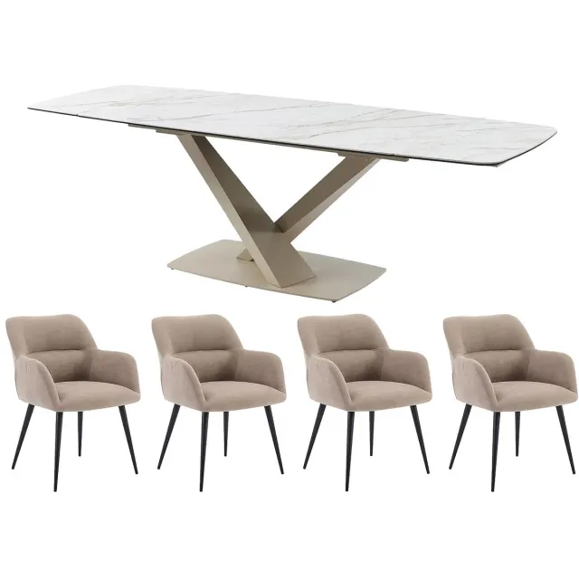 Vente-unique Set tafel MALATA + 4 stoelen HEKA - Wit marmereffect en beige