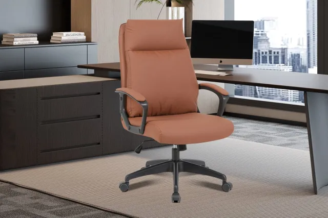 Rousseau Bureaustoel Samuel Beige – Verstelbare Hoogte – Hoge Rugleuning – Armleuningen – PU cognac