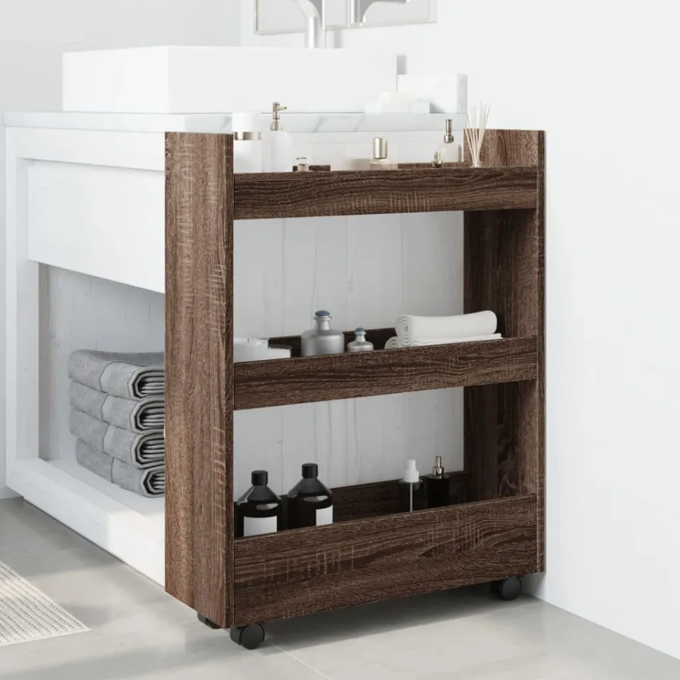 vidaXL Opbergtrolley smal 3-laags bewerkt hout bruin eikenkleurig, foto 3