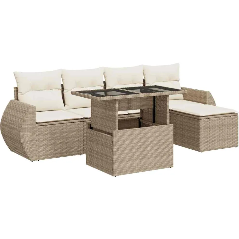 vidaXL 6-delige Loungeset met kussens poly rattan beige, foto 3