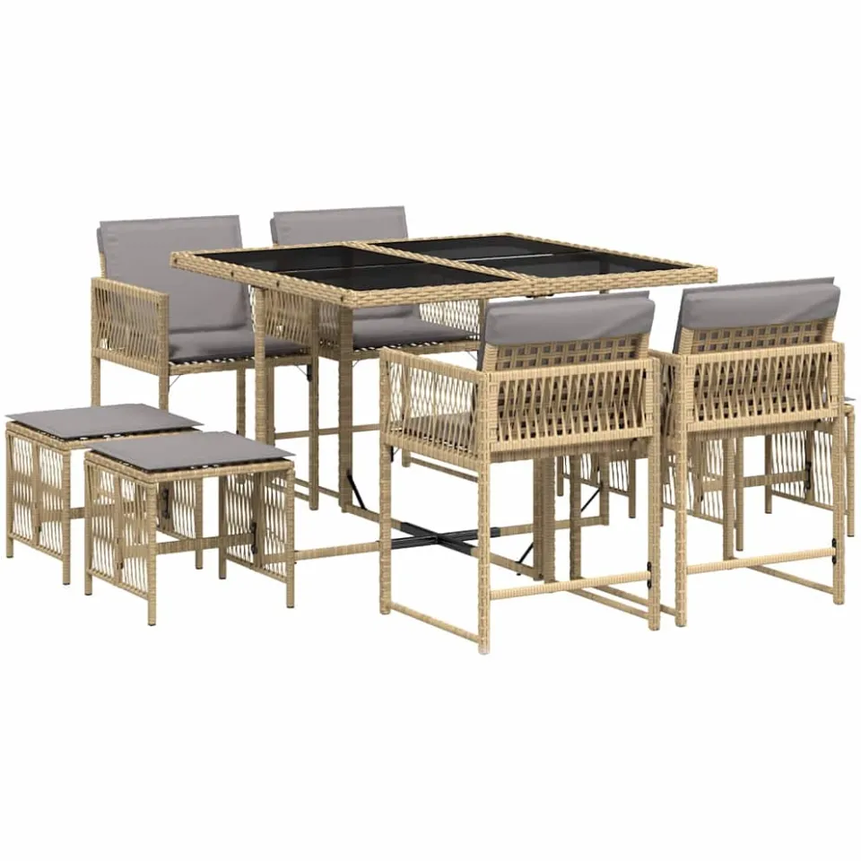 vidaXL 9-delige Tuinset met kussens poly rattan gemengd beige, foto 3