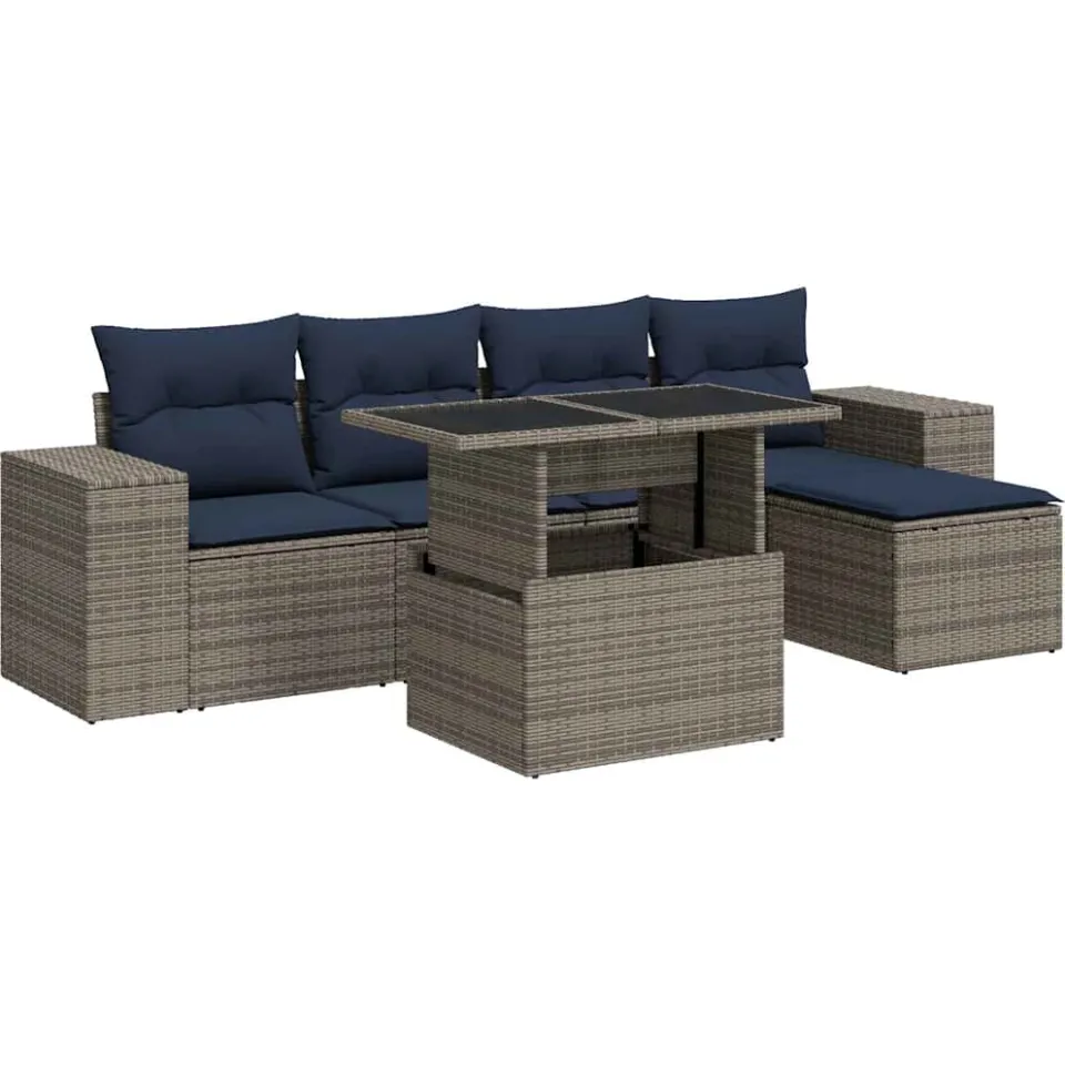 vidaXL 6-delige Loungeset met kussens poly rattan acacia grijs, foto 3