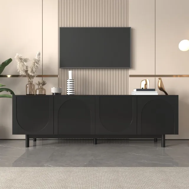 Maisentiel Zwart tv-meubel 175 x 38 x 56 cm met 4 push-to-open deuren en verstelbare planken