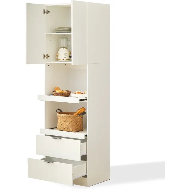 Ropilly Witte hoge keukenkast - Met lades en magnetronvak - Vrijstaande opbergkast met deuren - Voor keuken en eetkamer - 59,5x45x200 cm Wit