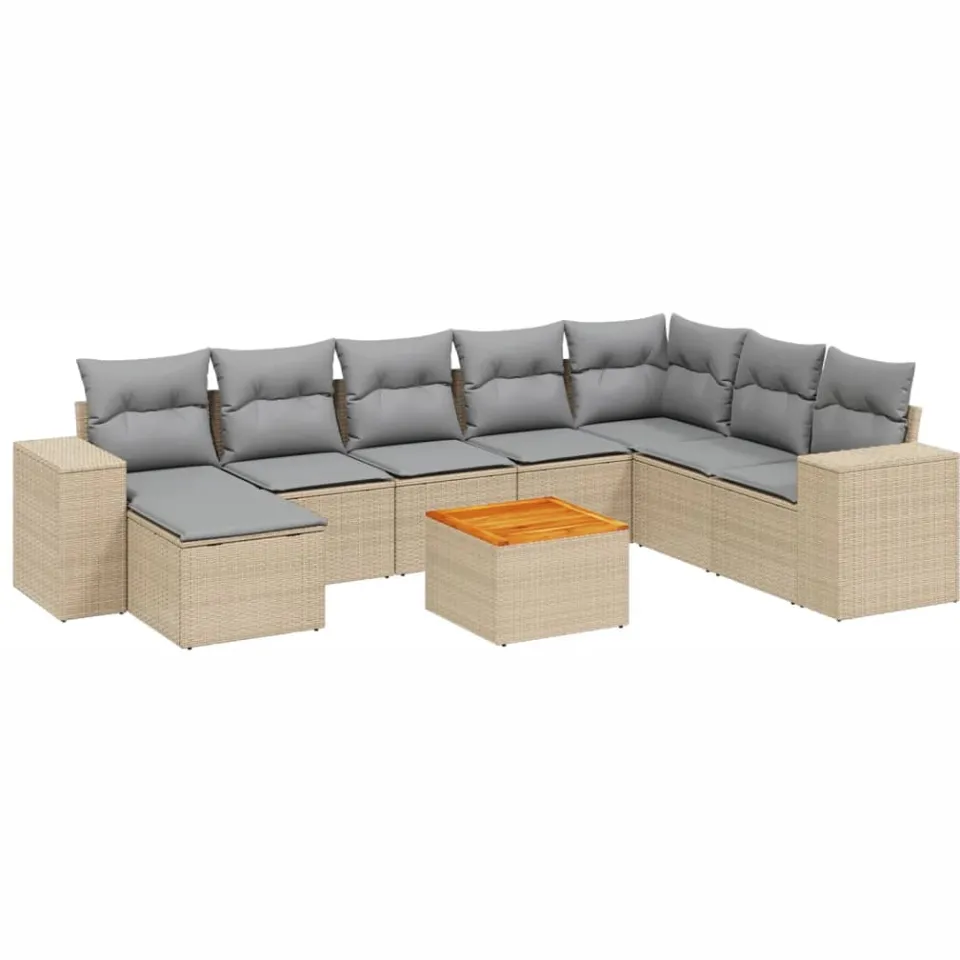 vidaXL 9-delige Loungeset met kussens poly rattan beige, foto 3