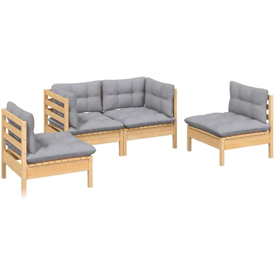 vidaXL 4-delige Loungeset met grijze kussens massief grenenhout grijs