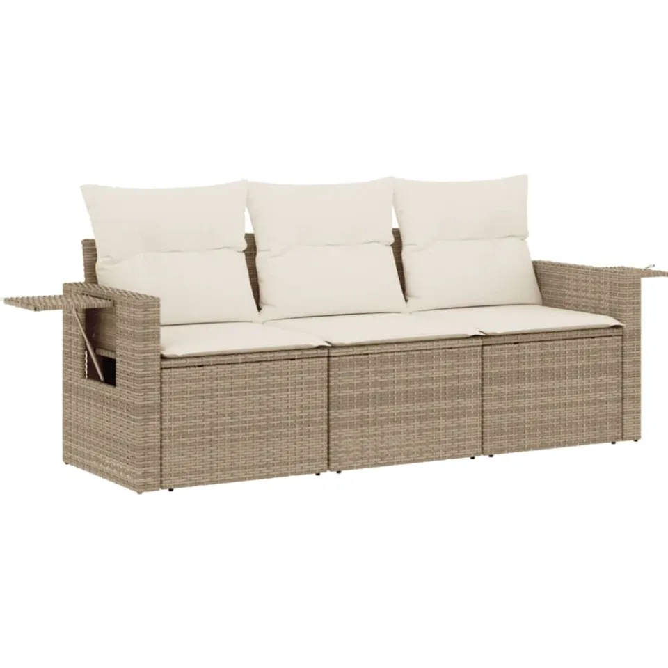 vidaXL 3-delige Loungeset met kussens poly rattan beige, foto 3