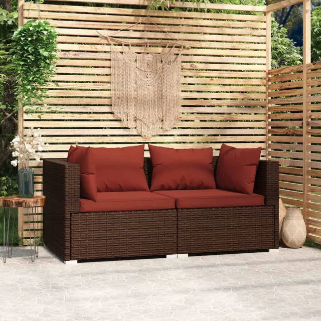 vidaXL Bank 2-zits met kussens poly rattan bruin, foto 2