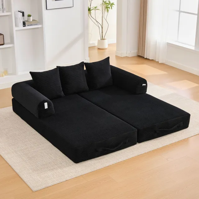 DESMIU Slaapbank 200 x 94 x 67 cm - Modulair Uitklapbaar Met Zijvak En 3 Kussens - Voor Woonkamer En Appartement - Corduroy Zwart