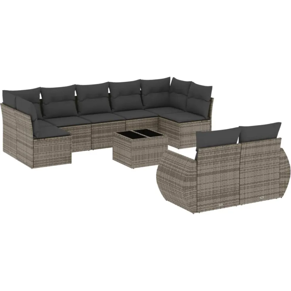 vidaXL 10-delige Loungeset met kussens poly rattan grijs