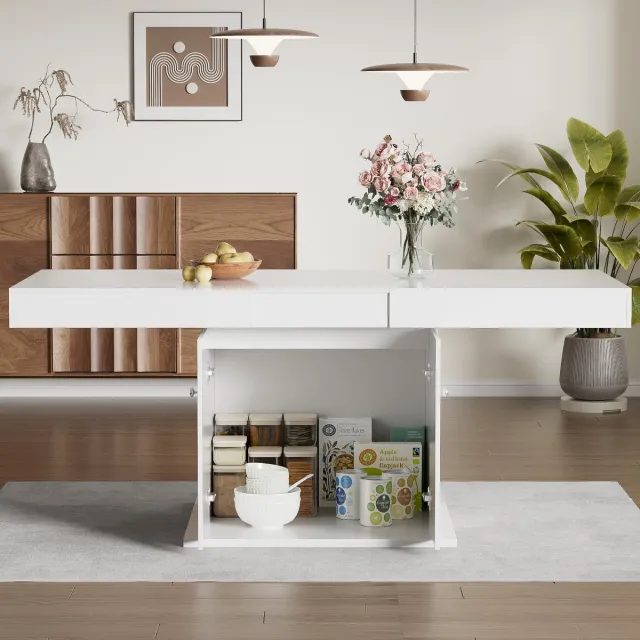 MODFU Uitschuifbare Eettafel Met Opbergruimte - Rechthoekig Modern Ontwerp - Voor Eethoek - Spaanplaat En Metaal - Wit - 140/180 x 80 x 76 cm