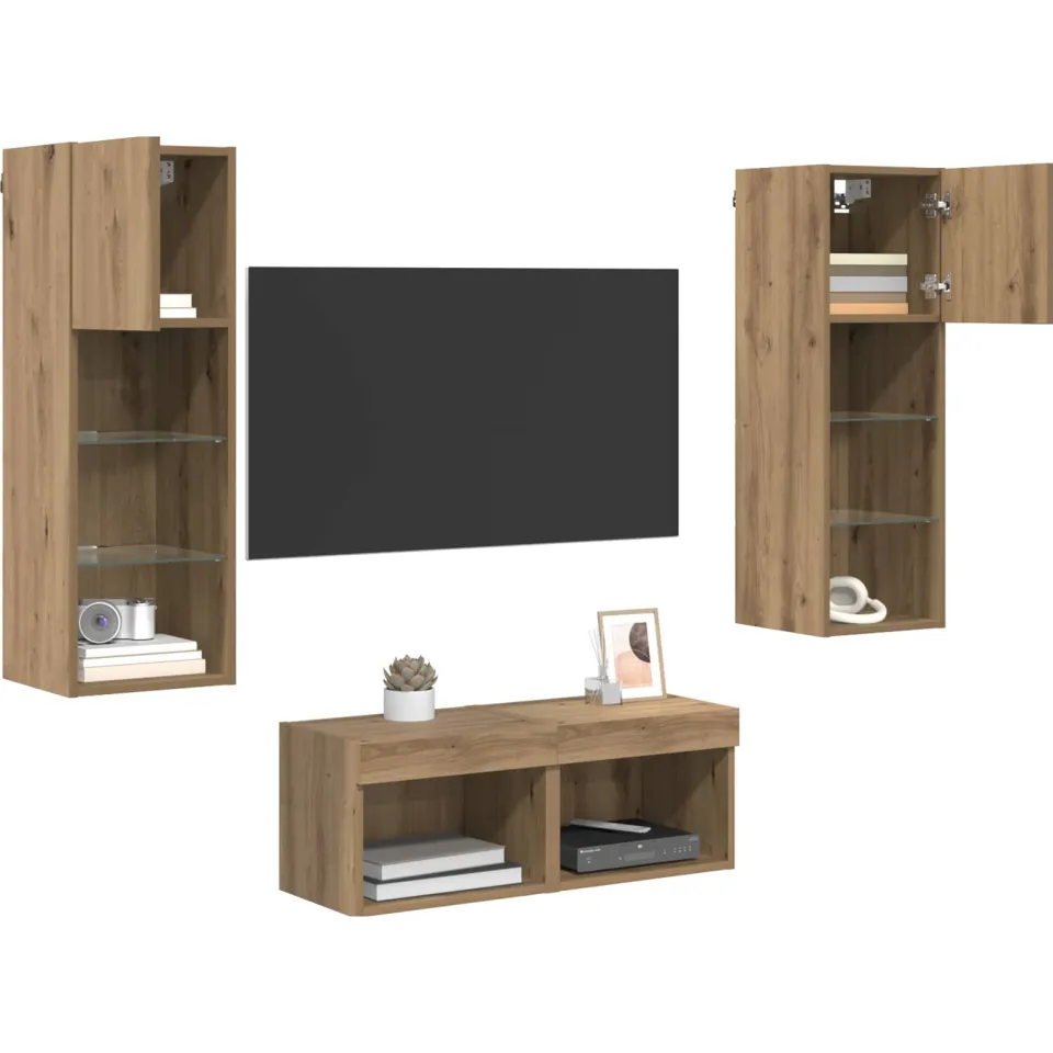 vidaXL TV Wandkasten 4 st Zwart Eiken Bewerkt hout Bruin