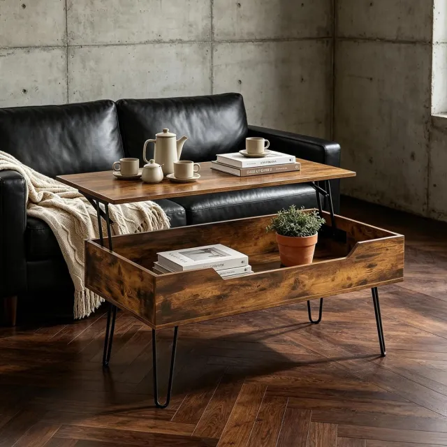 REDOM Salontafel - Hoogteverstelbaar tafelblad - Verborgen opbergvak - MDF en staal - Walnoot en zwart - 95 x 50 x 54,5 cm