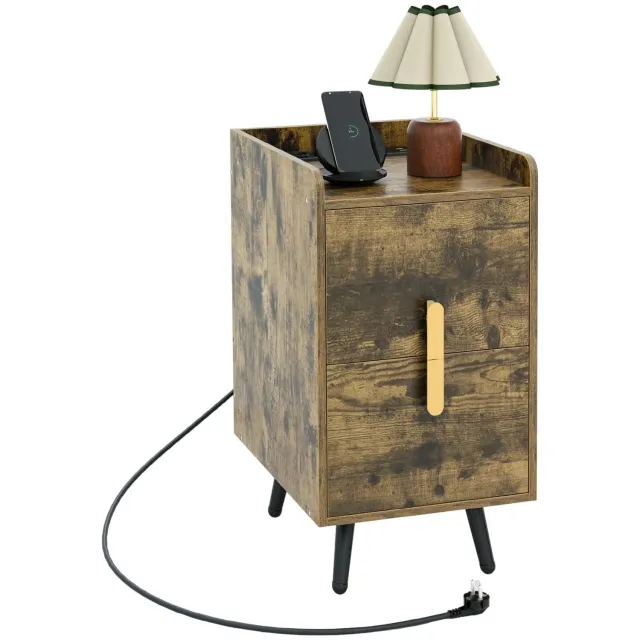 Costway Nachtkastje met laadstation, smal nachtkastje met 2 laden en USB-poorten, bijzettafel met metalen poten, nachtkastje voor slaapkamer en woonkamer, 32 x 40 x 60 cm (wit)