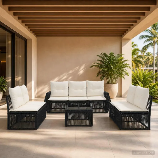 vidaXL Tuinbankenset 8 st Zwart en Cream Wit poly rattan, foto 2