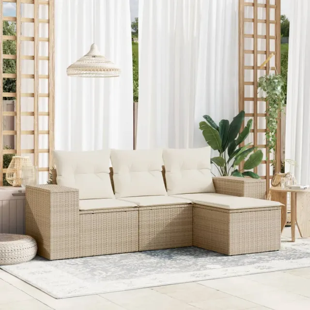 vidaXL 4-delige Loungeset met kussens poly rattan beige, foto 2