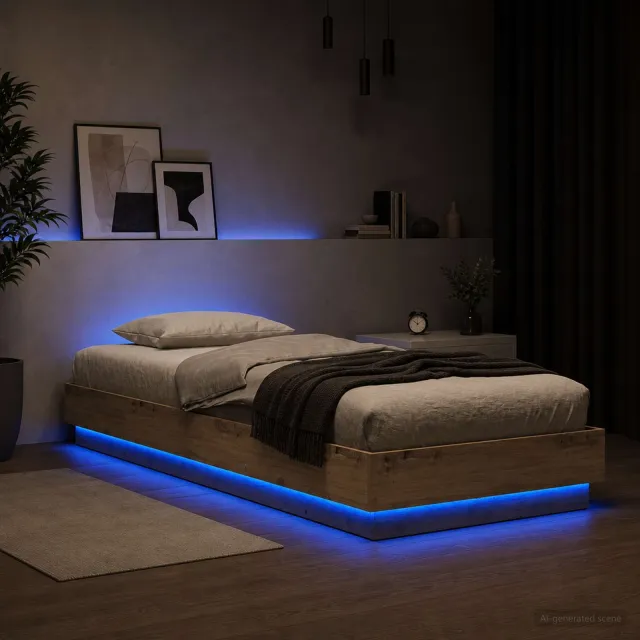 vidaXL Bed Frame met LED Artisanaal eiken 80 x 200 cm Bewerkt hout Bruin