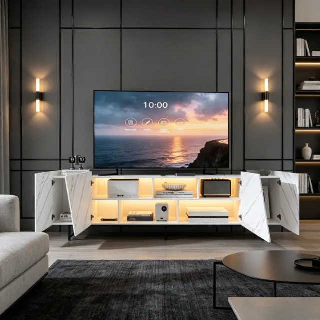 ROSAHQNDA Tv meubel 220 cm met led verlichting, grote tv kast voor 85 inch tv met 4 deuren en open vakken, woonkamerkast met marmerlook en opbergruimte, mdf wit