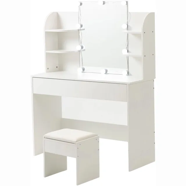 Happiq Kaptafel – Voor slaapkamer – Dressoir met lade, spiegel en kruk – Wit beige