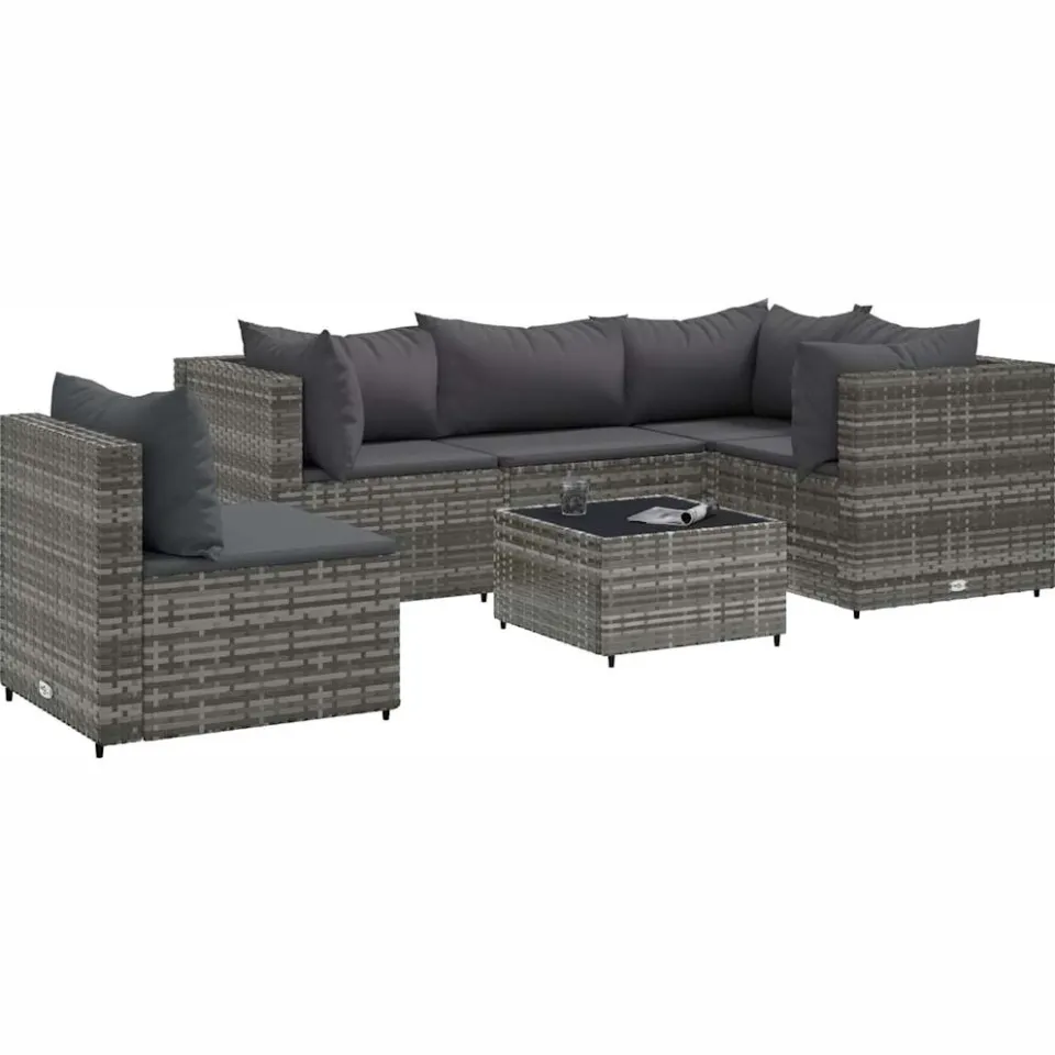 vidaXL 6-delige Loungeset met kussens poly rattan grijs