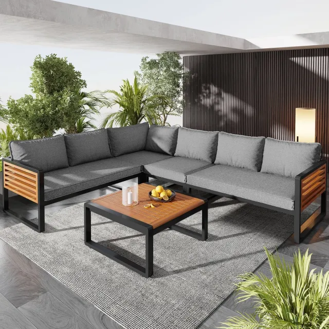 HAUSS SPOLE Loungeset 5 Tot 6 Personen 5 Delig - Modulair Te Combineren - Verzinkt Metalen Frame - Houtlook Tafel - Grijs