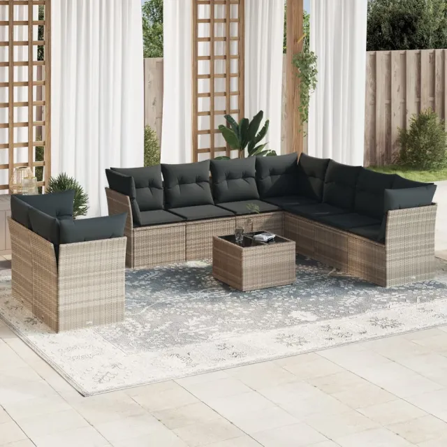 vidaXL 10-delige Loungeset met kussens poly rattan lichtgrijs grijs, foto 2