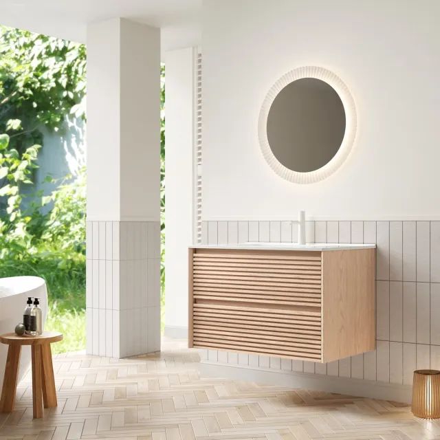 STILVORA Badkamerkast - Wandhangend Wastafelmeubel Met Keramische Wastafel En 2 Softclose Lades - Voor Badkamer - Hout En Wit - 81x46,5x51,5 Cm Natuurlijk