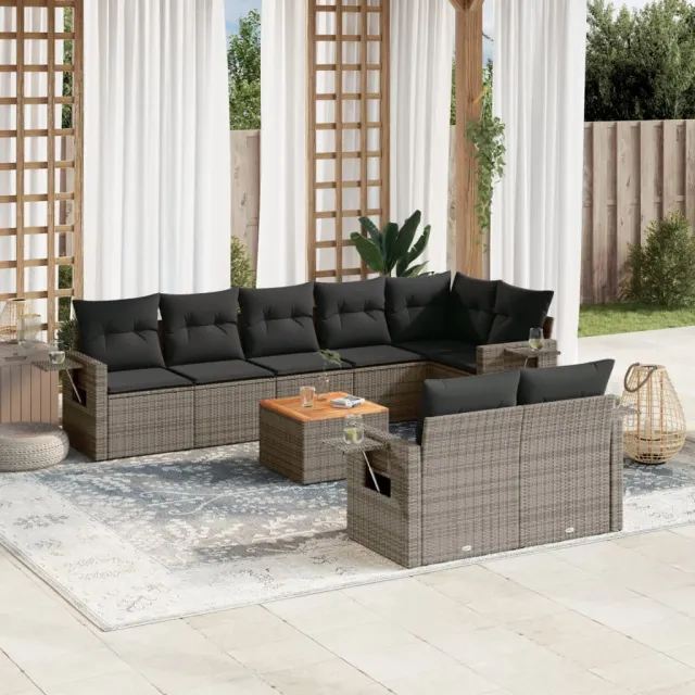 vidaXL 9-delige Loungeset met kussens poly rattan grijs
