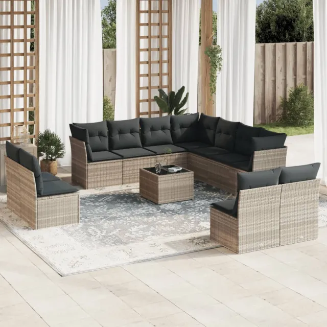 vidaXL 12-delige Loungeset met kussens poly rattan lichtgrijs grijs, foto 2