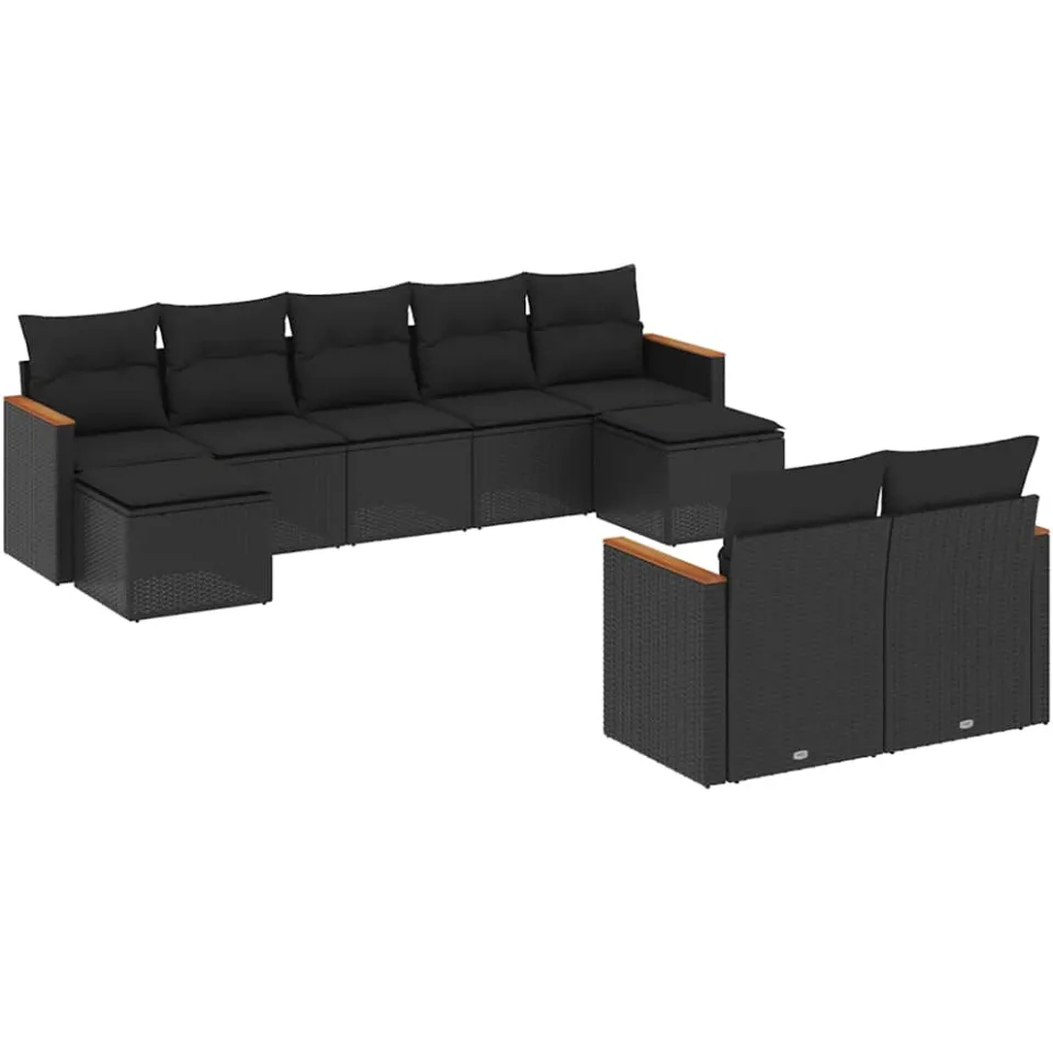 vidaXL 9-delige Loungeset met kussens poly rattan zwart, foto 3