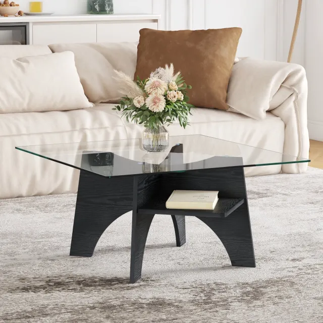 MODFU Salontafel - Veiligheidsglas - Open Opbergvak - Modern - MDF - Zwart - 80 x 80 x 40 Cm