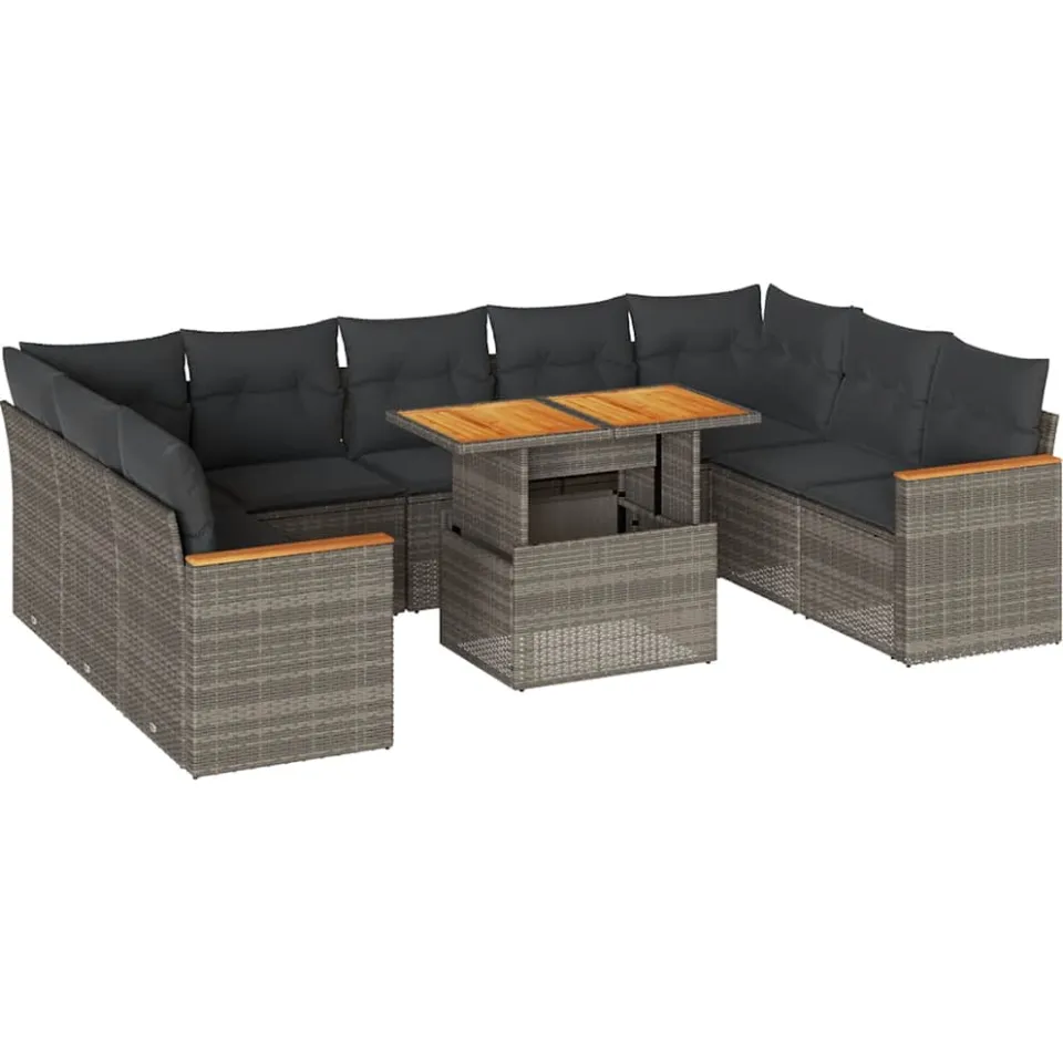 vidaXL 10-delige Loungeset met kussens poly rattan acacia grijs